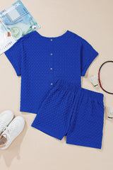 Sky Blue Jacquard Textured Buttoned Tee and Shorts Set Short Sets JT's Designer Fashion