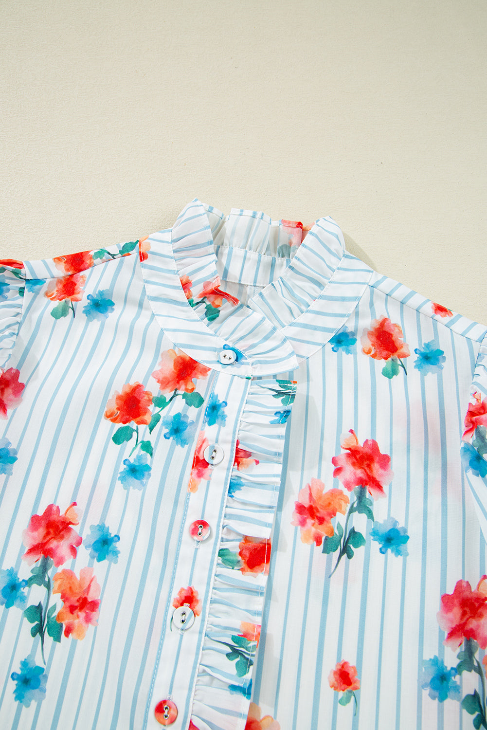 Sky Blue Stripe Floral Pattern Ruffle Short Sleeve Belted Mini Dress Dresses JT's Designer Fashion