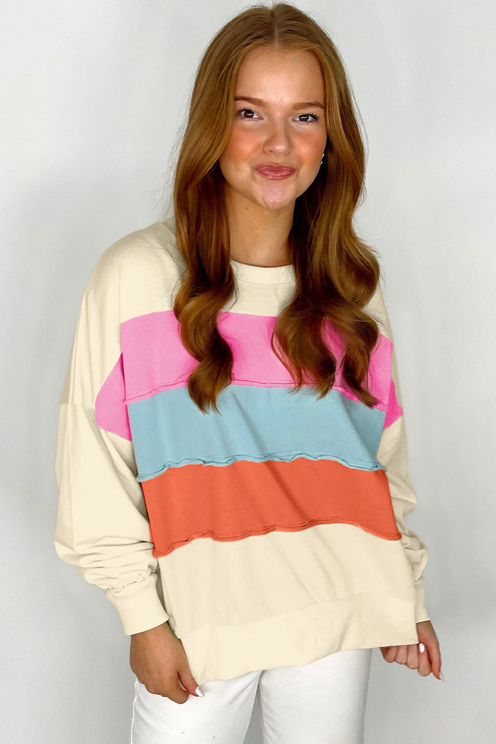 White Colorblock Patchwork Crewneck Drop Shoulder Sweatshirt Sweatshirts & Hoodies JT's Designer Fashion