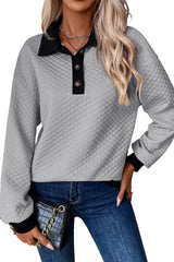 Light Grey Textured Colorblock Edge Buttoned Collar Sweatshirt Sweatshirts & Hoodies JT's Designer Fashion