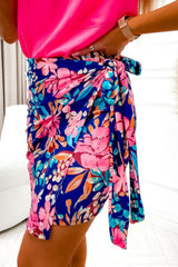 Blue Floral Print Lace-up High Waist Bodycon Mini Skirt Skirts & Petticoat JT's Designer Fashion