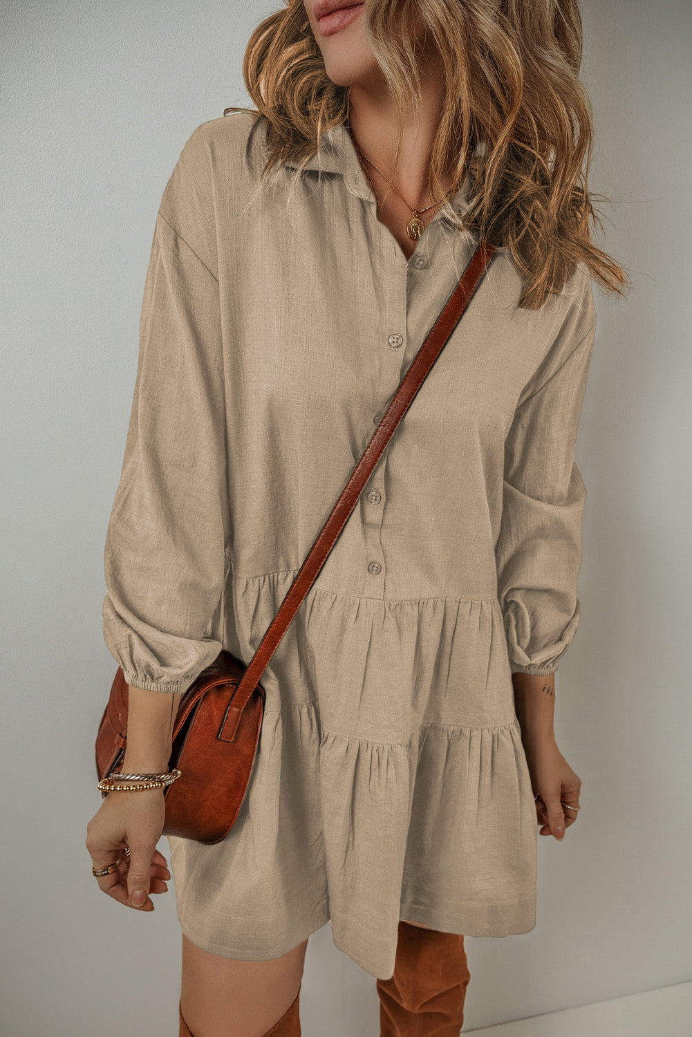 Tan Puff Sleeve Buttoned Tiered Pleated Shirt Mini Dress Mini Dresses JT's Designer Fashion