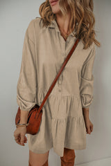 Tan Puff Sleeve Buttoned Tiered Pleated Shirt Mini Dress Mini Dresses JT's Designer Fashion