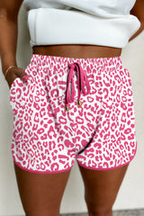 Pink Leopard Elastic Waist Lace up Contrast Trim Casual Shorts Pink 95%Polyester+5%Elastane Casual Shorts JT's Designer Fashion