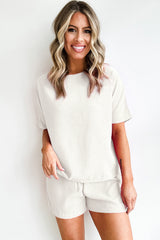 White Casual Textured Tee and Drawstring Shorts Set Short Sets JT's Designer Fashion