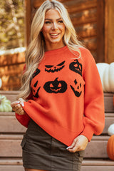 Orange Halloween Pumpkin Face Pattern Drop Shoulder Sweater Sweaters JT's Designer Fashion
