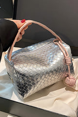 Silvery Lattice Texture Corded Ball Decor Weaven Handle Cosmetic Bag Makeup Bags JT's Designer Fashion