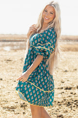 Skobeloff Floral Contrast Trim Square Neck Puff Sleeve Dress Floral Dresses JT's Designer Fashion