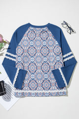 Blue Geometric Printed Lace Patchwork Ric Rac Raglan Long Sleeve Top Long Sleeve Tops JT's Designer Fashion