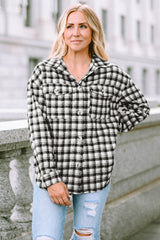 Black Plaid Print Chest Pockets Buttoned Tunic Shacket Plaid Shackets JT's Designer Fashion