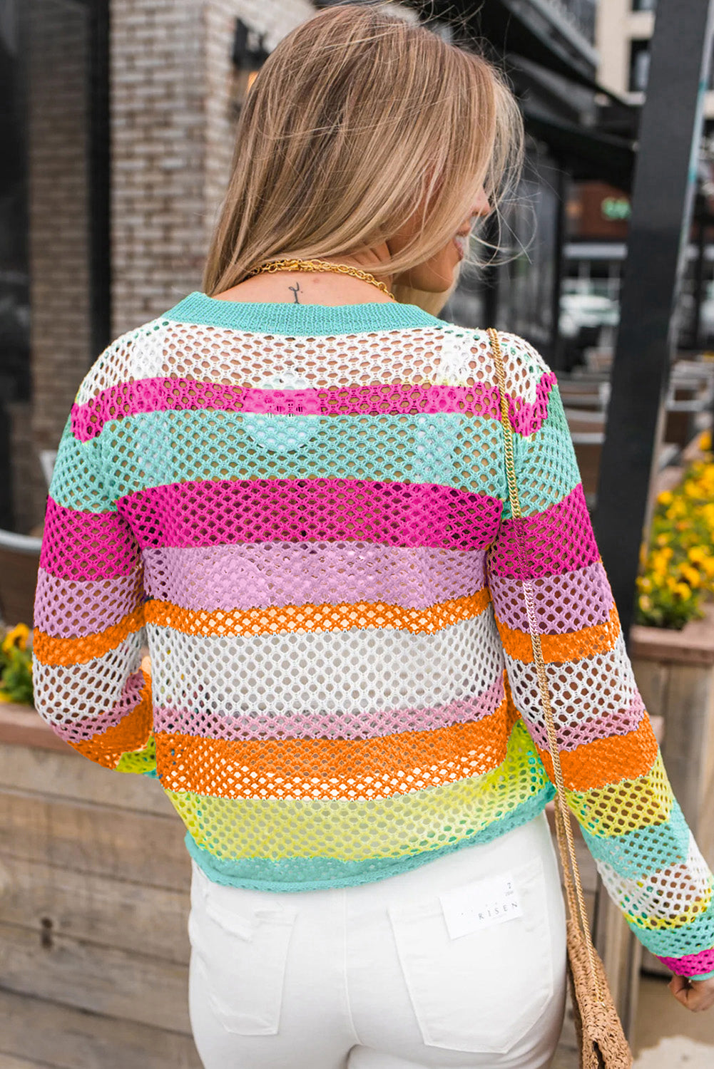 Rose Red Colorblock Patchwork Knit Crochet Eyelet Sweater Sweaters JT's Designer Fashion