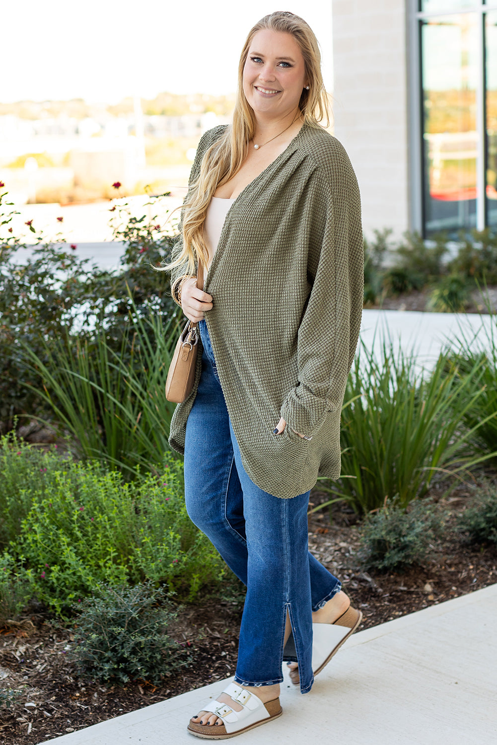 Seagrass Waffle Knit Drop Shoulder Open Front Pocketed Plus Size Cardigan Plus Size Sweaters & Cardigans JT's Designer Fashion