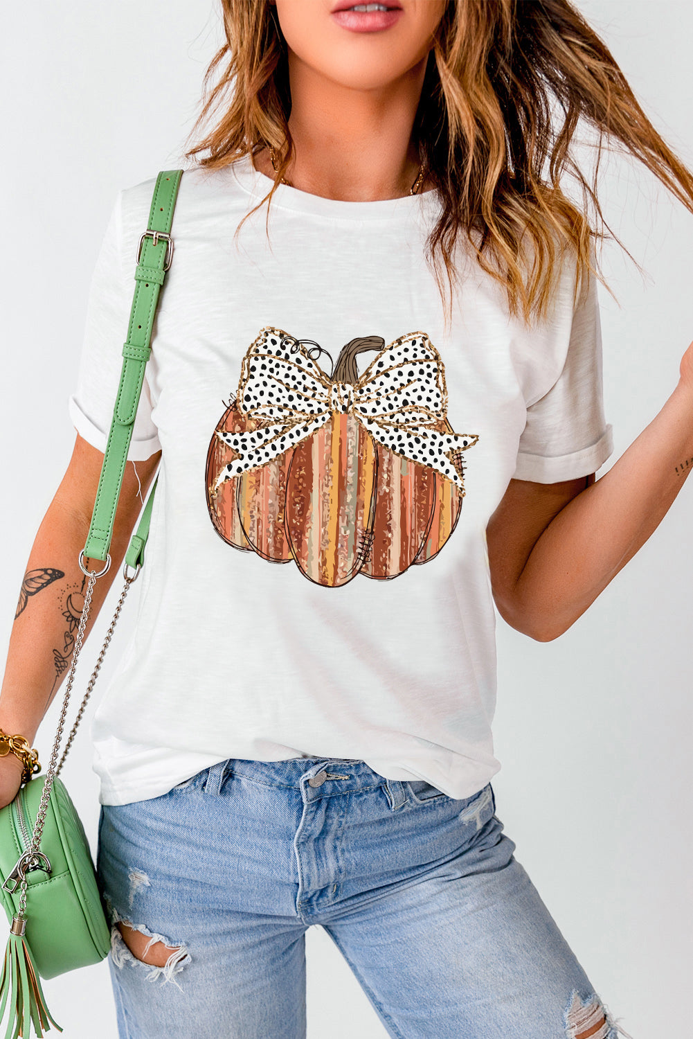 White Thanksgiving Bow Knot Pumpkin Print Round Neck T Shirt Graphic Tees JT's Designer Fashion