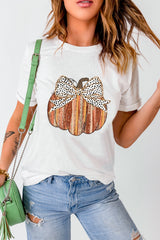 White Thanksgiving Bow Knot Pumpkin Print Round Neck T Shirt Graphic Tees JT's Designer Fashion