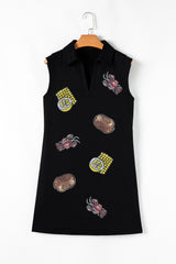 Black Sequin Patched V Neck Collared Mini Dress Graphic Dresses JT's Designer Fashion