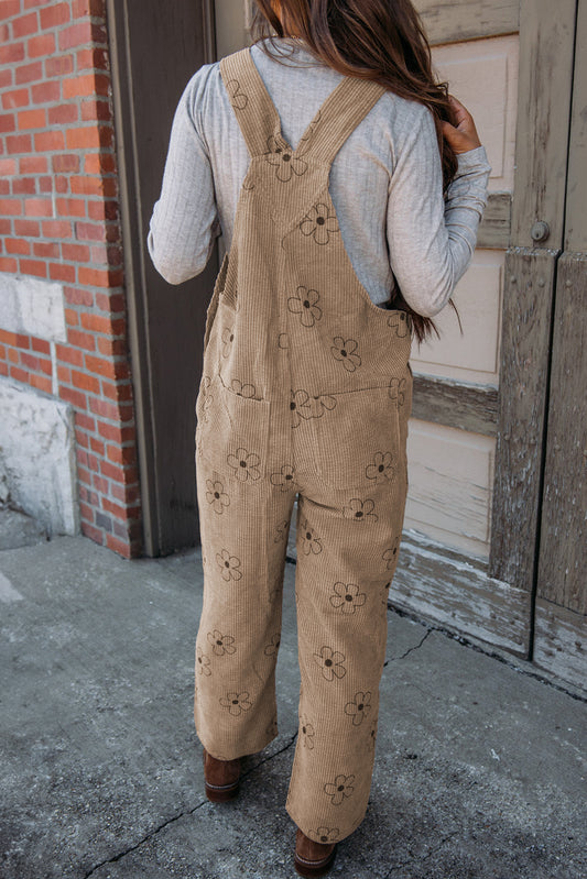 Khaki Flower Print Corduroy Overalls Jumpsuits & Rompers JT's Designer Fashion