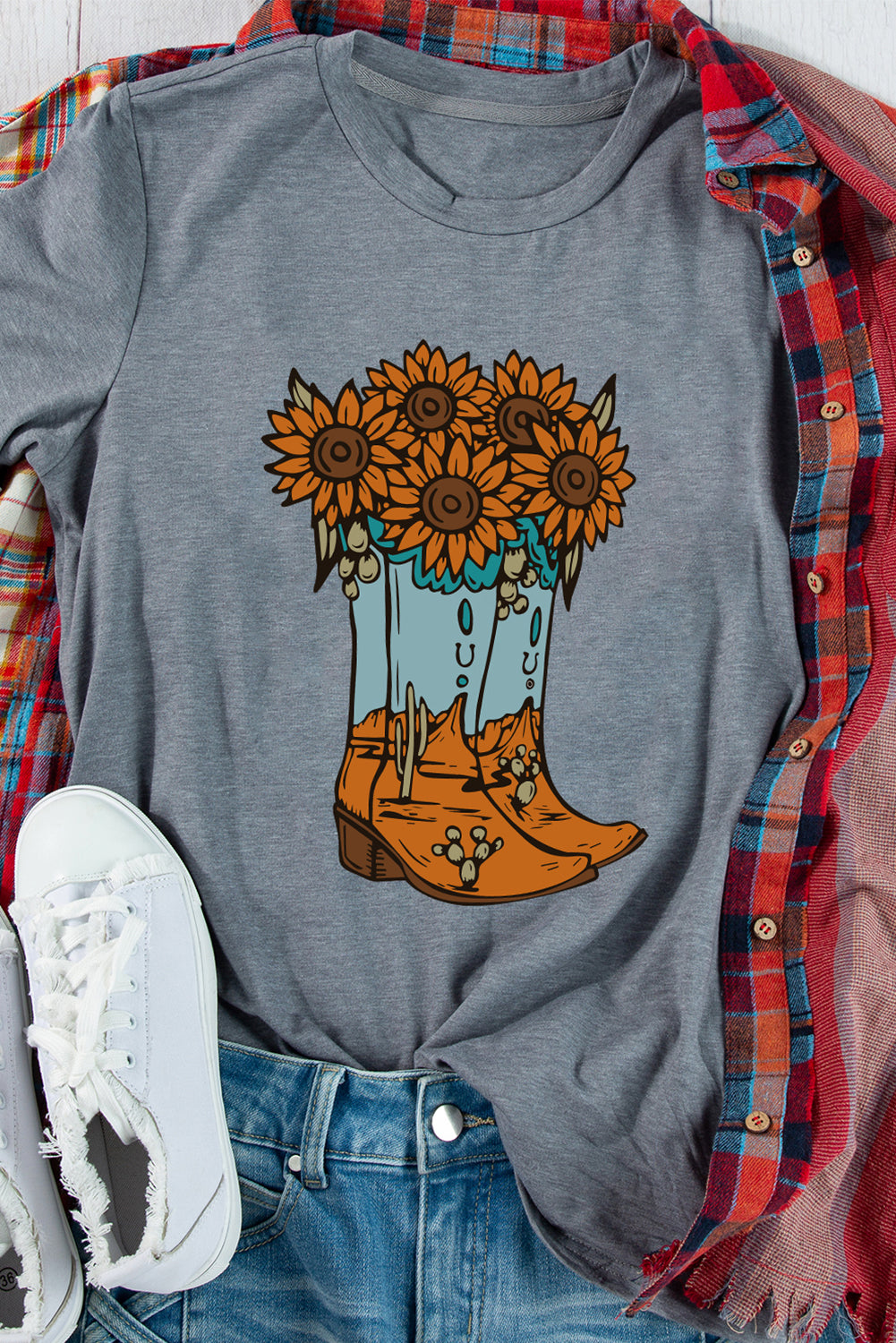 Gray Sunflower Cowgirl Boots Print Western Fashion T Shirt Graphic Tees JT's Designer Fashion