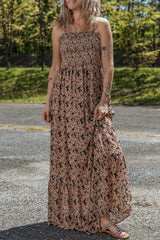 Brown Floral Smocked Bodice High Waist Flowy Sun Dress Brown 100%Polyester Floral Dresses JT's Designer Fashion