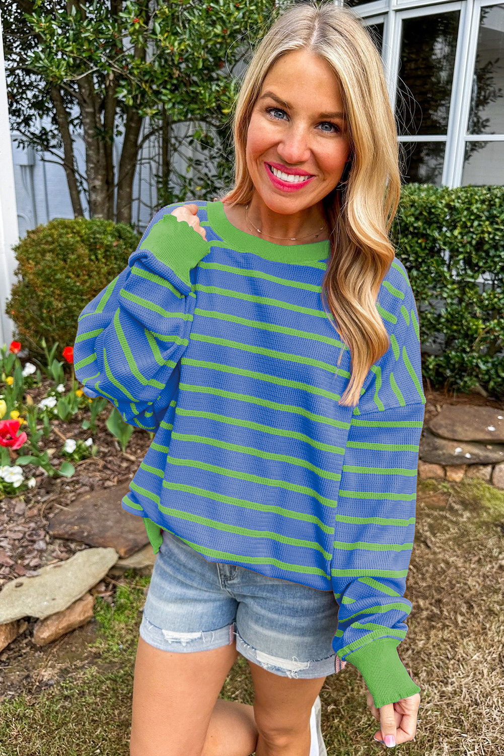 Sky Blue Stripe Trimmed Round Neck Drop Shoulder Loose Sweater Sweaters JT's Designer Fashion