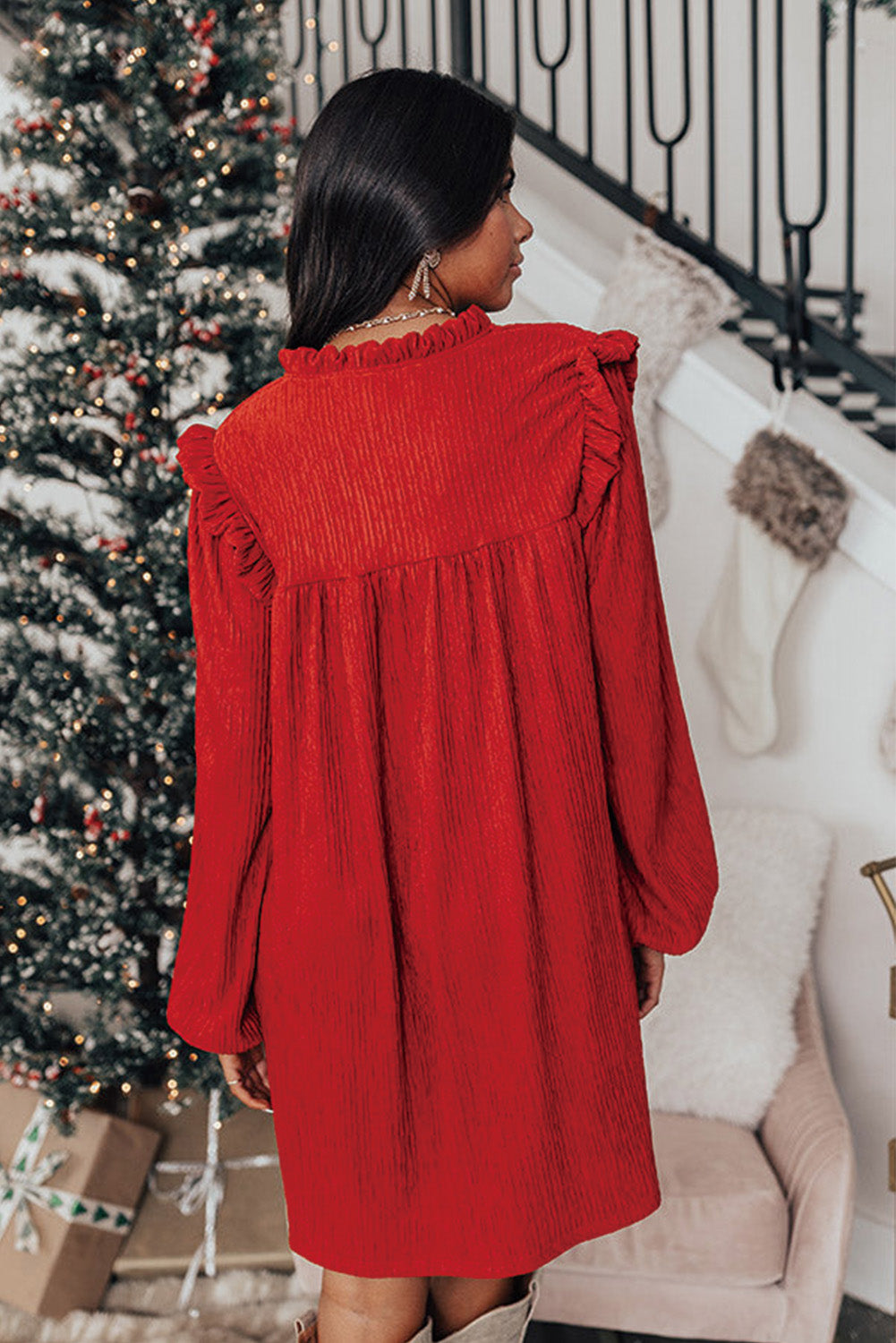 Fiery Red Textured Ruffled Trim V Neck Loose Fit Mini Dress Mini Dresses JT's Designer Fashion