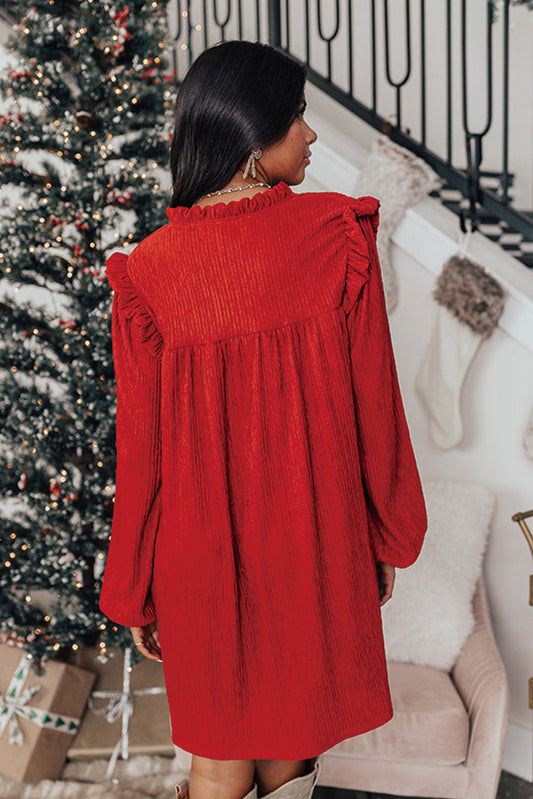 Fiery Red Textured Ruffled Trim V Neck Loose Fit Mini Dress Mini Dresses JT's Designer Fashion