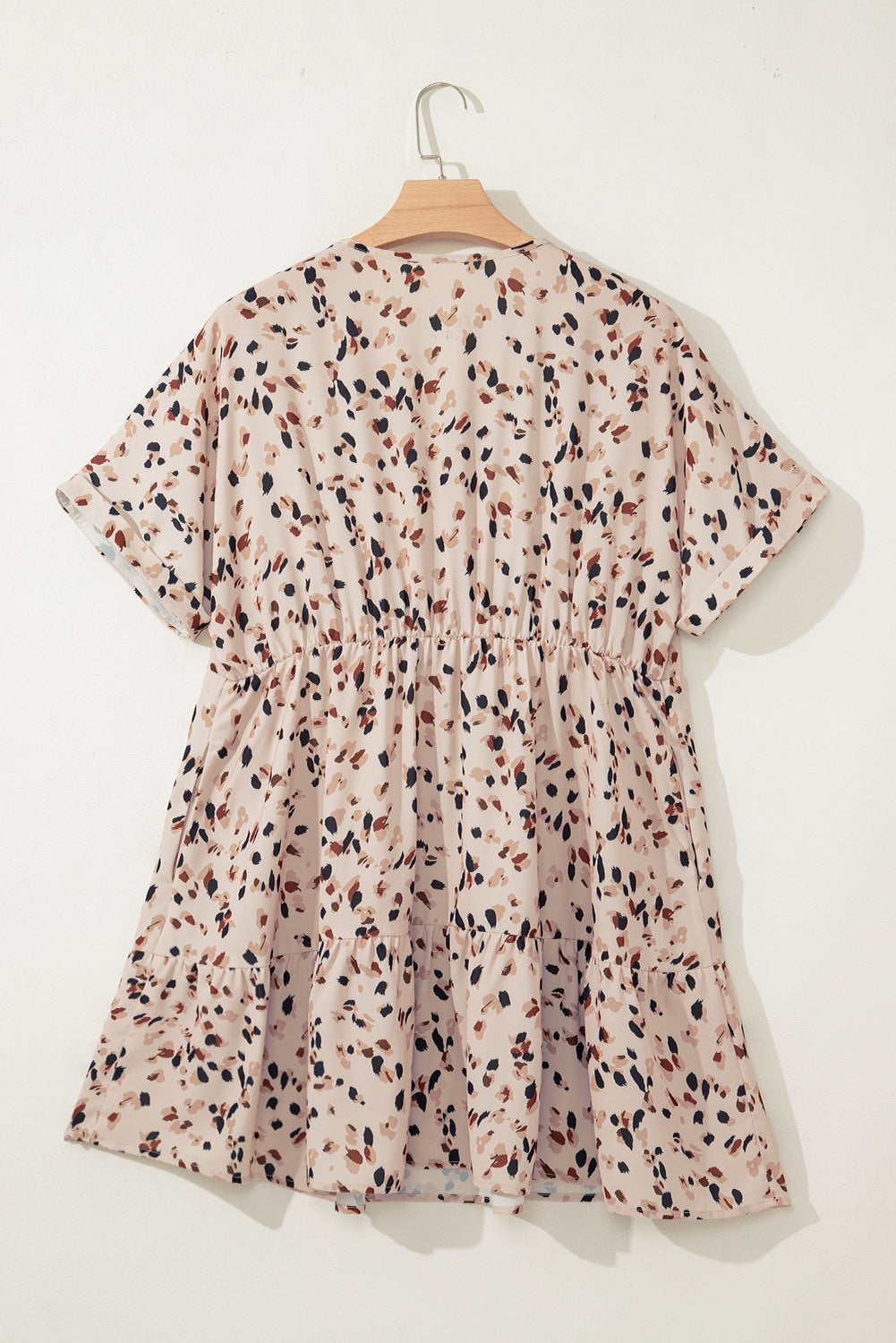 Beige Printed Surplice V Neck Cuffed Sleeve Empire Waist Plus Size Dress Plus Size Mini Dresses JT's Designer Fashion