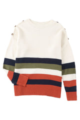 White Buttoned Shoulder Drop Shoulder Striped Sweater Sweaters & Cardigans JT's Designer Fashion