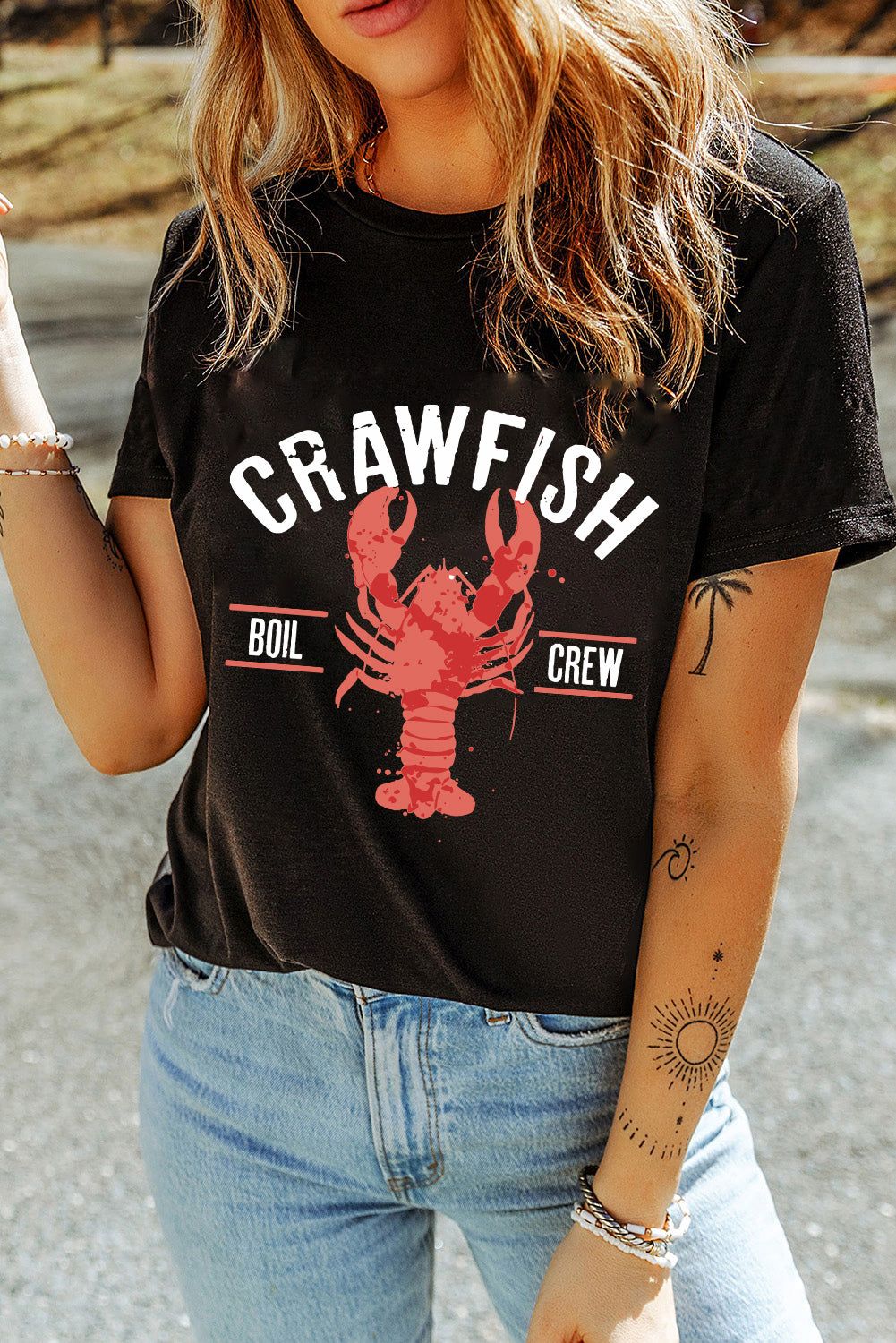 Black CRAWFISH BOIL CREW Distressed Letter Graphic T Shirt Graphic Tees JT's Designer Fashion