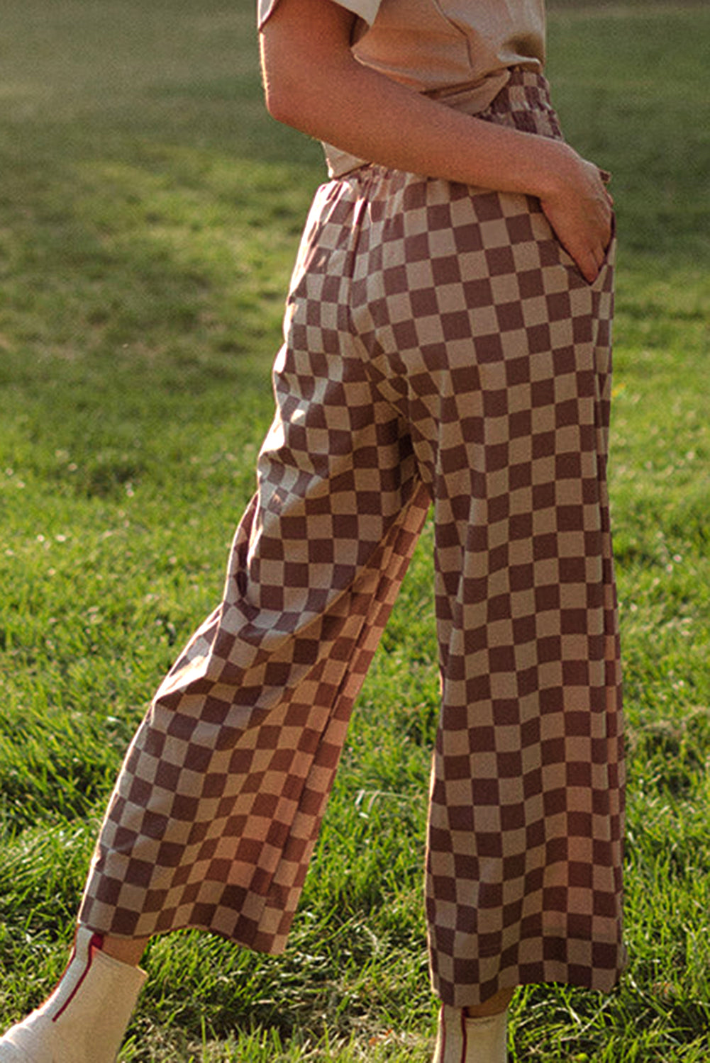 Khaki Checkered Elastic High Waist Loose Casual Pants Pants & Culotte JT's Designer Fashion