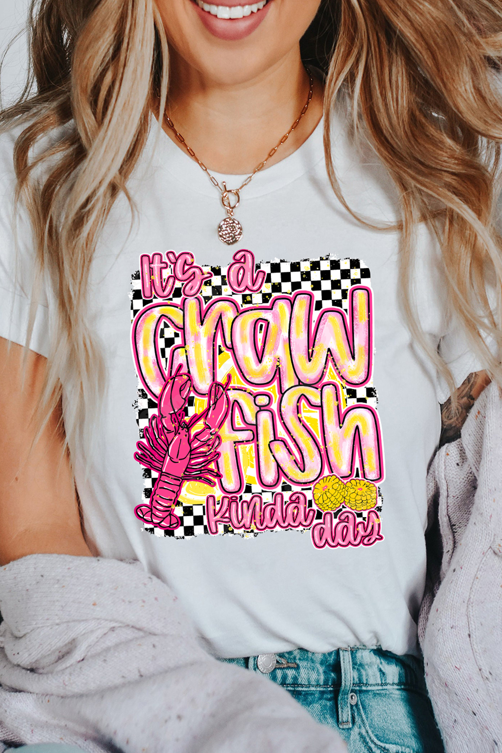 White Crawfish Checkered Pattern Graphic Tee Graphic Tees JT's Designer Fashion