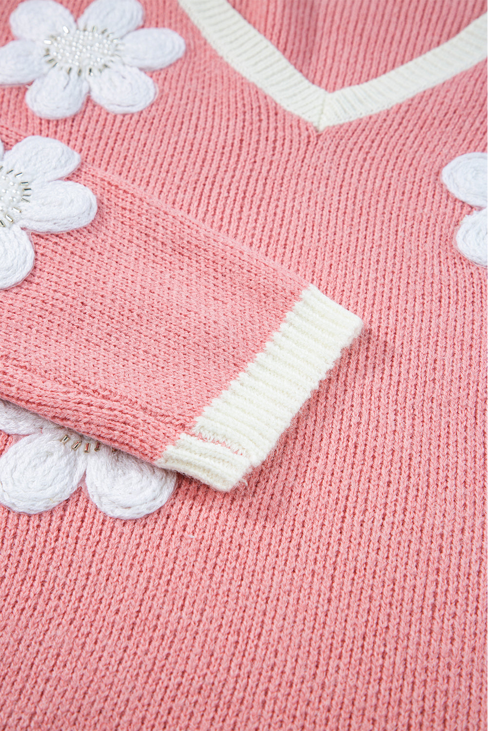 Pink Flower V Neck Dropped Shoulder Sweater Sweaters JT's Designer Fashion