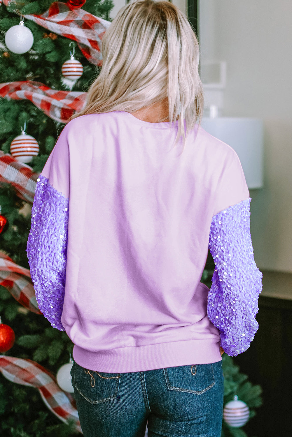 Orchid Petal Sequin Patchwork Long Sleeve Pullover Top Long Sleeve Tops JT's Designer Fashion
