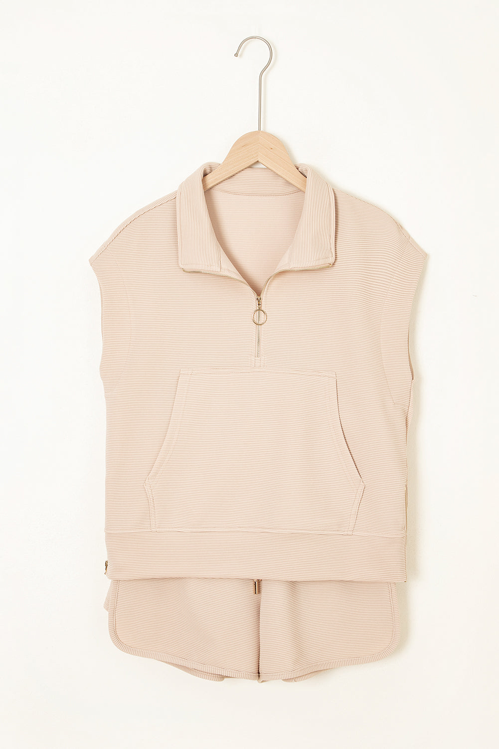Parchment Textured Half Zip Kangaroo Pocket Top Drawstring Shorts Set Short Sets JT's Designer Fashion