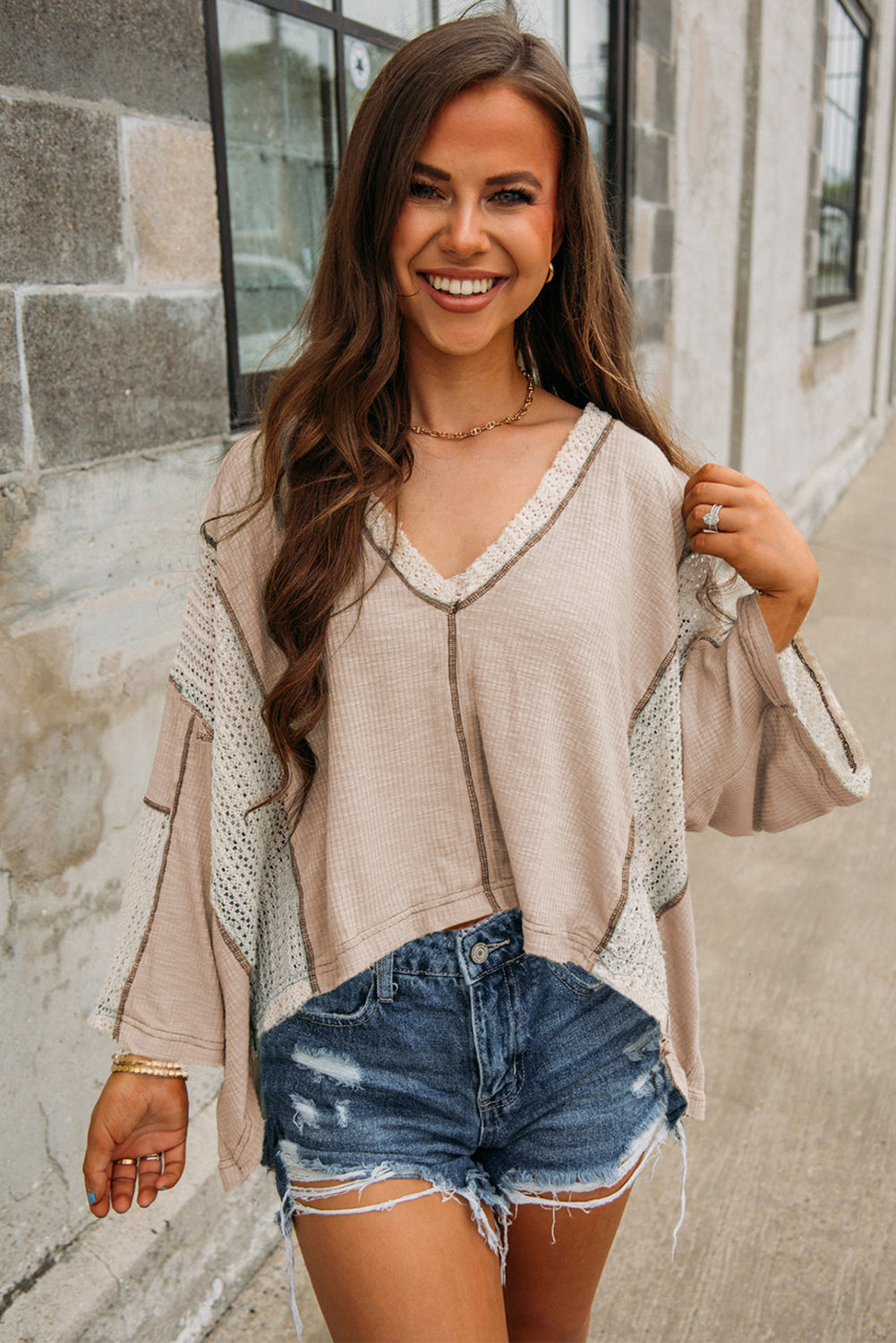 Parchment Crochet Detail Exposed Seam High Low Loose Top Long Sleeve Tops JT's Designer Fashion