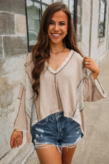 Parchment Crochet Detail Exposed Seam High Low Loose Top Long Sleeve Tops JT's Designer Fashion