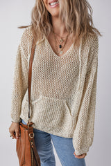 Jet Stream Hollow-out Kangaroo Pocket V Neck Hooded Sweater Sweaters JT's Designer Fashion