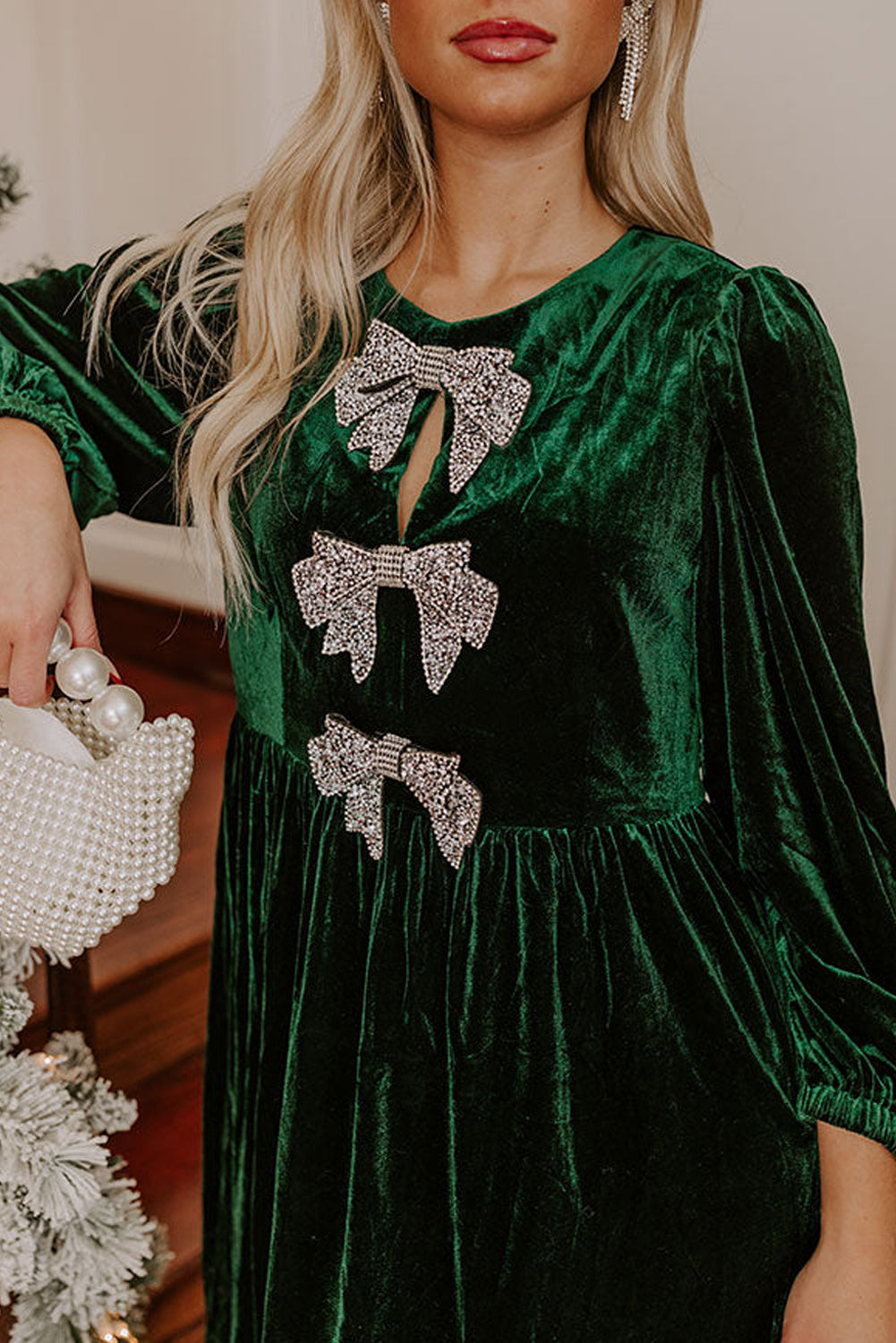 Evergreen Bowknot Decor High Waist Velvet Mini Dress Mini Dresses JT's Designer Fashion