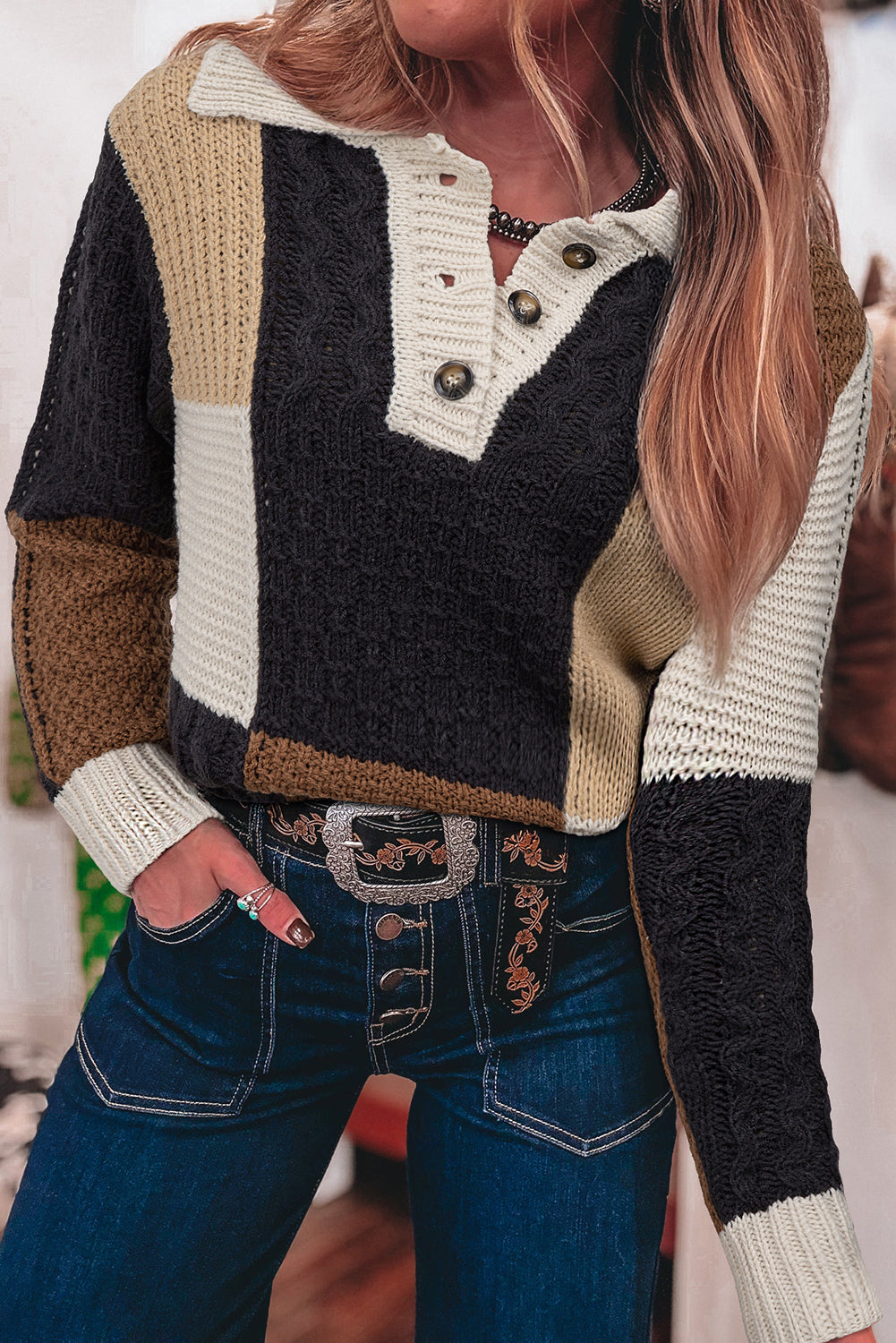 Multicolour Color Block Cable Knit Sleeve Buttons Collared Sweater Sweaters JT's Designer Fashion