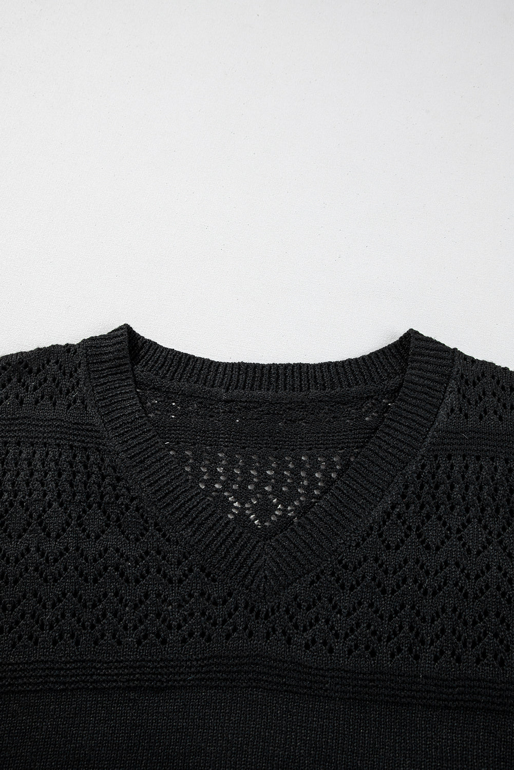 Black Eyelet Pattern Detail V Neck Drop Shoulder Sweater Sweaters JT's Designer Fashion