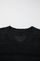 Black Eyelet Pattern Detail V Neck Drop Shoulder Sweater Sweaters JT's Designer Fashion