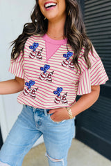 Sachet Pink Striped Sequin USA Flag Inspire Balloon Dog Patched Ruffled Short Sleeve Top Graphic Tees JT's Designer Fashion