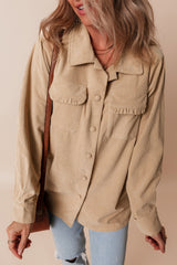 Light French Beige Solid Frilled Flap Pocket Button Up Corduroy Shacket Jackets JT's Designer Fashion