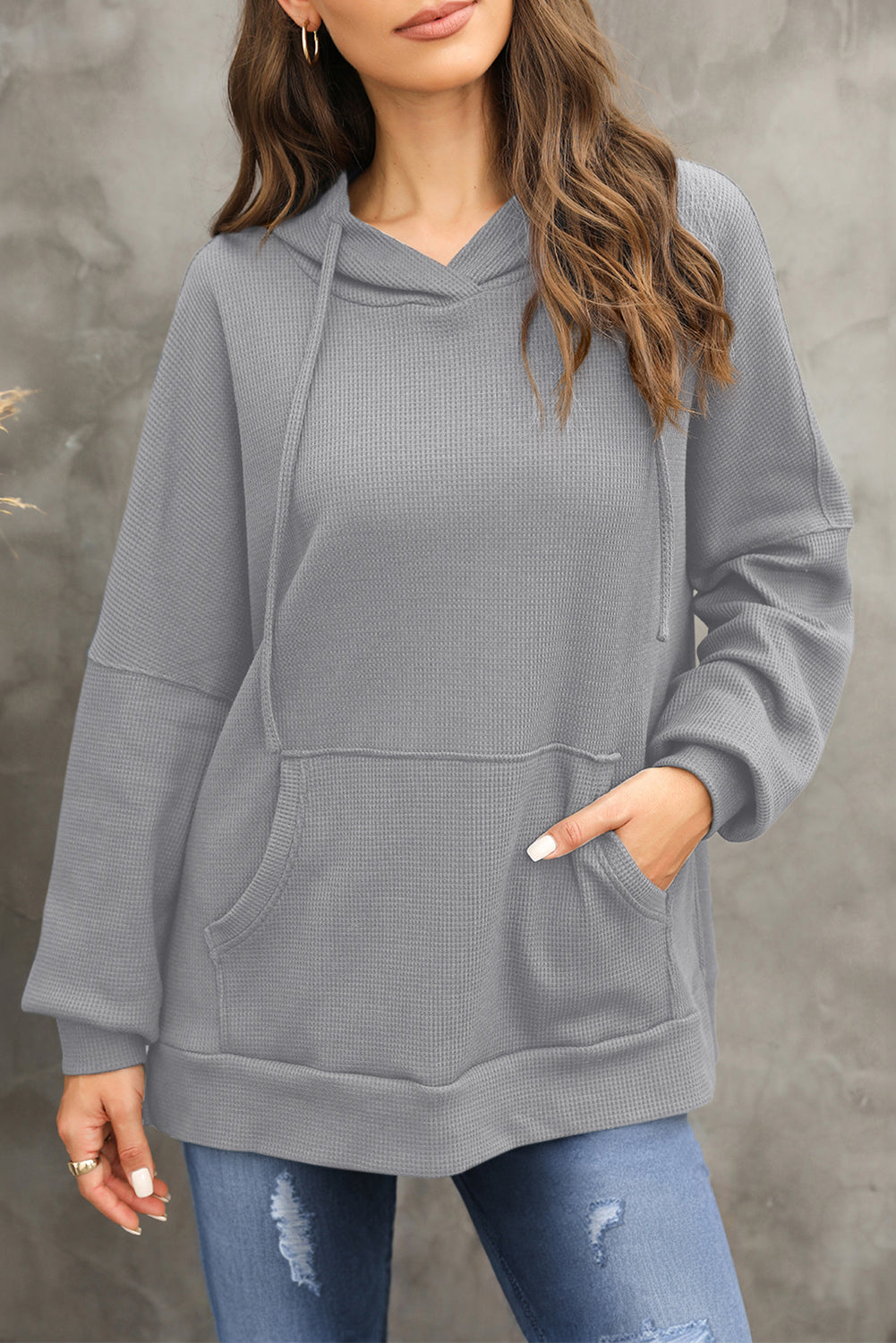 Gray Waffle Knit Fleece Lined High Low Oversized Hoodie Sweatshirts & Hoodies JT's Designer Fashion