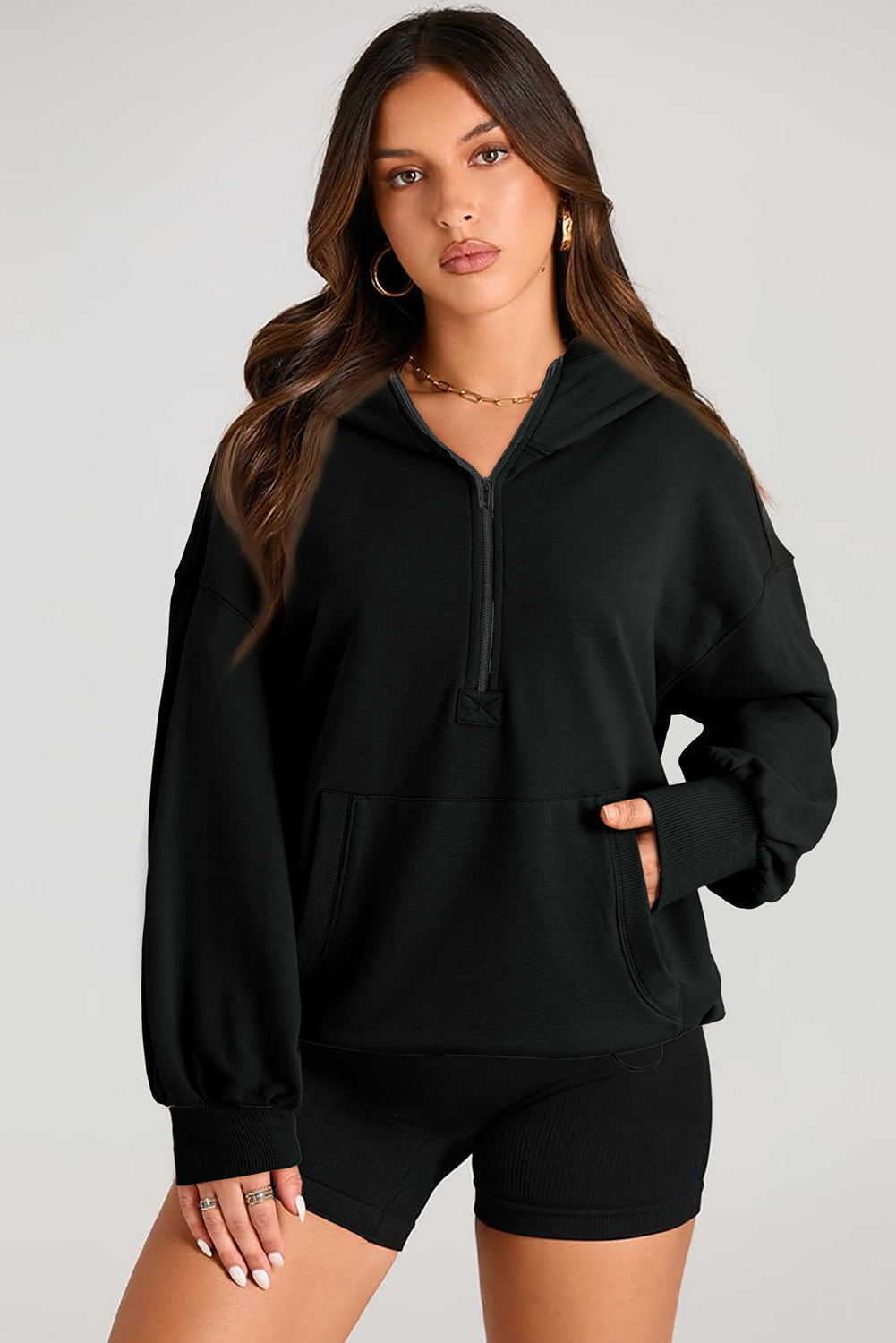 Black Solid Kangaroo Pocket Half Zipper Oversized Hoodie Sweatshirts & Hoodies JT's Designer Fashion