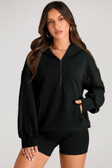 Black Solid Kangaroo Pocket Half Zipper Oversized Hoodie Sweatshirts & Hoodies JT's Designer Fashion
