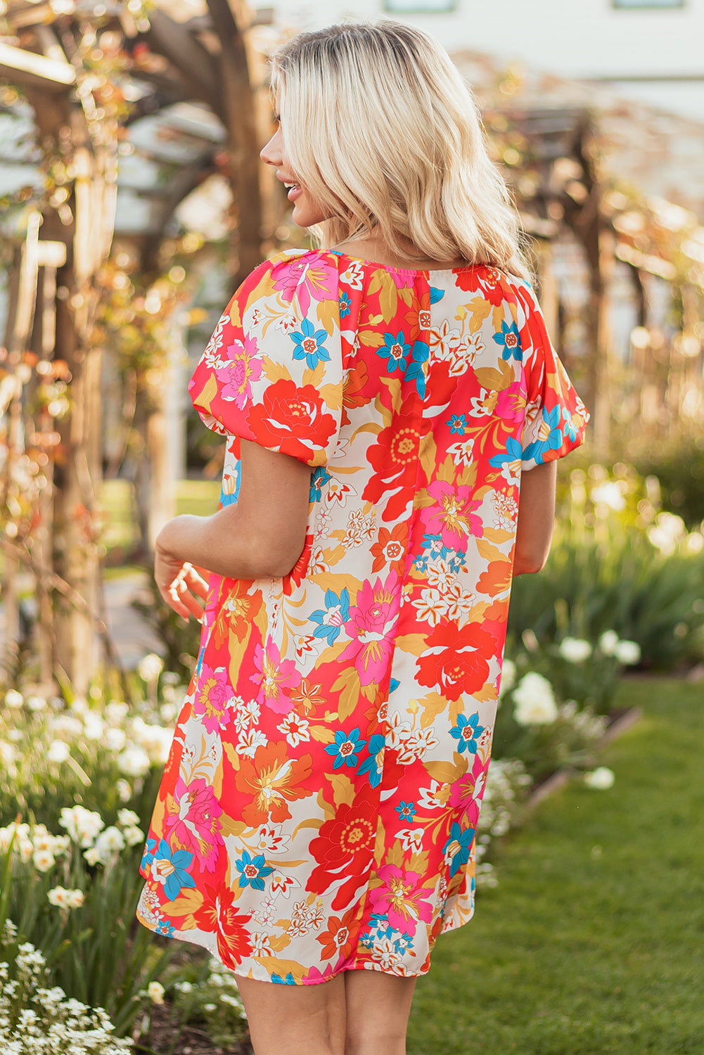 Pink Floral Print Bubble Short Sleeve Dress Floral Dresses JT's Designer Fashion