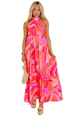 Rose Abstract Printed High Neck Knotted Nape Sleeveless Long Dress Maxi Dresses JT's Designer Fashion