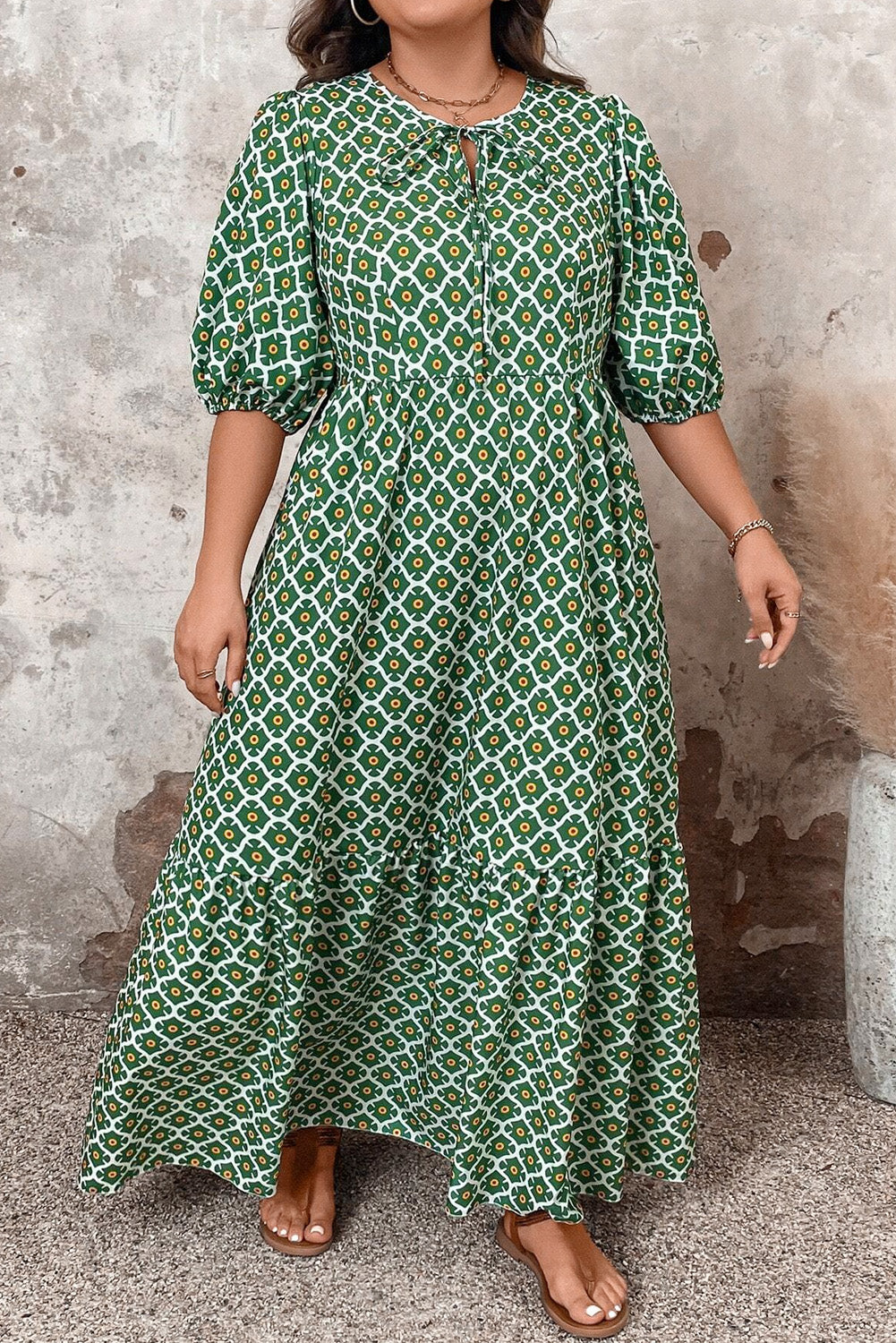 Green Geometric Floral Print Half Sleeve Plus Size Maxi Dress Plus Size Maxi Dresses JT's Designer Fashion