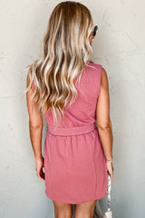 Mineral Red French Terry Zipped Collar Sleeveless Drawstring Waist Mini Dress Mini Dresses JT's Designer Fashion