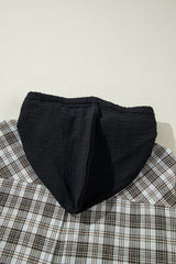 Black Checkered Print Loose Fit Buttoned Hooded Shacket Plaid Shackets JT's Designer Fashion